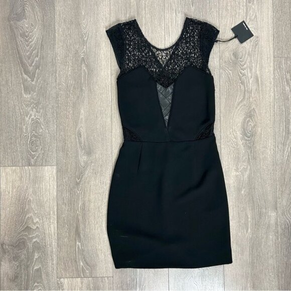 The Kooples Robe Lace & Leather Mini Dress Crepe Cap sleeve Black Size XS - Picture 8 of 16